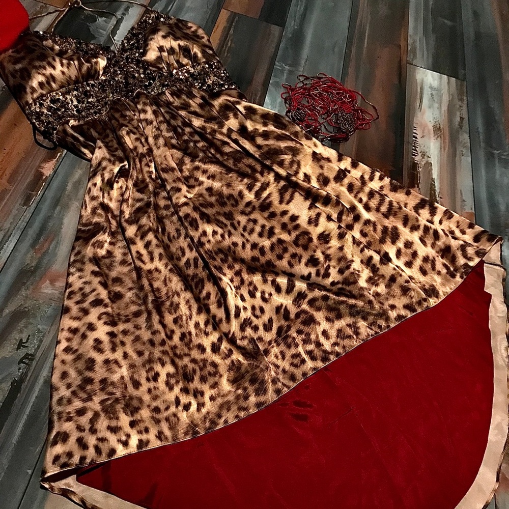 Halterneck High Low Animal Print Dress w Sequins